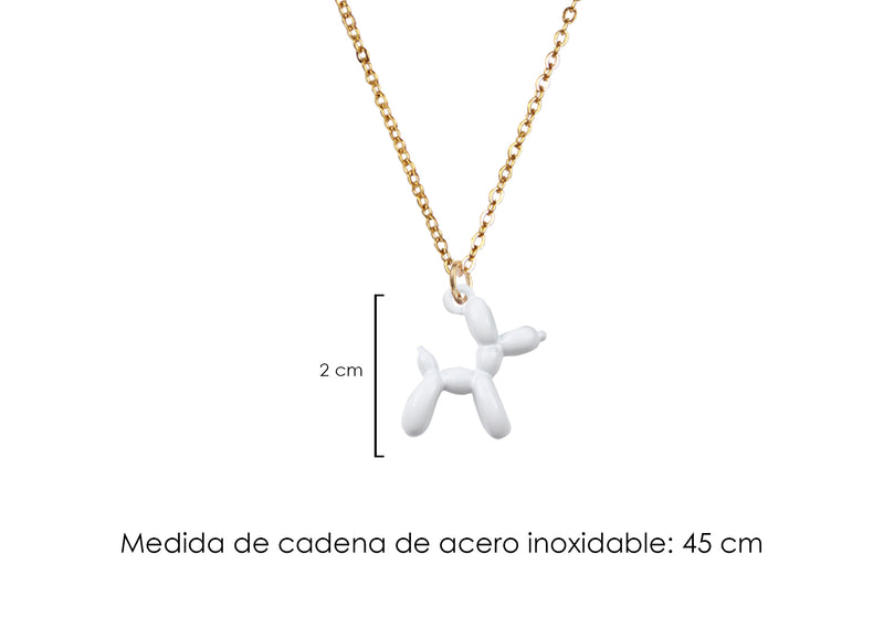 Collar Acero Inoxidable Dorado con Dije Esmaltado Perrito Globo Blanco