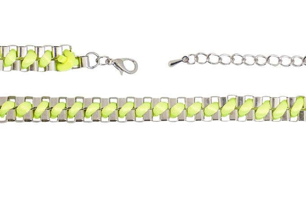 Brazalete de Metal con Hilo Cola de Rata Entrelazado Verde Fosforescente Plateado 230 mm