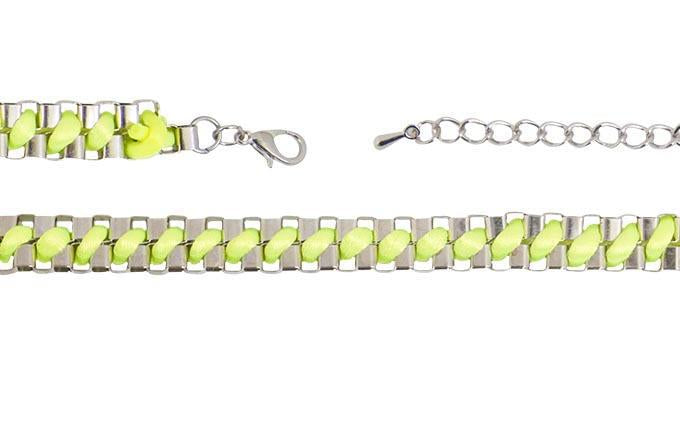 Brazalete de Metal con Hilo Cola de Rata Entrelazado Verde Fosforescente Plateado 230 mm