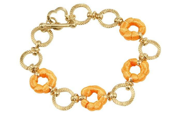 Brazalete Metal Dorado Cadena Circulos con Cordon Naranja 185 mm