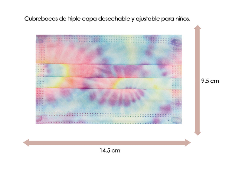 Cubrebocas 3 Capas de Sellado Ultrasonico Plisado Infantil Tie Dye Retro 10 Piezas