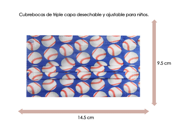 Cubrebocas 3 Capas de Sellado Ultrasónico Plisado Infantil Deportes Color Celeste Pelotas Beisbol