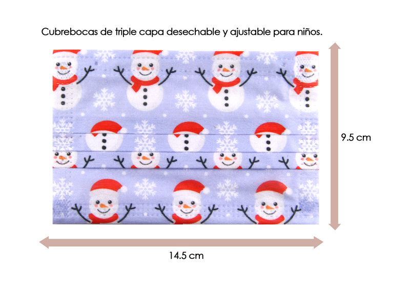 Cubrebocas Navideño Infantil color Celeste con Monos de Nieve