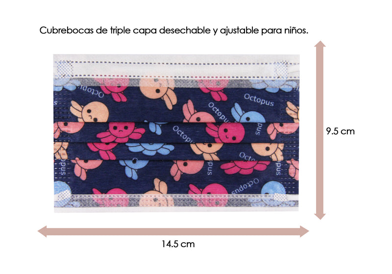 Cubrebocas 3 Capas de Sellado Ultrasonico Plisado Infantil Color Azul con Pulpos