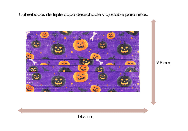 Cubrebocas 3 Capas de Sellado Ultrasonico Plisado Infantil Halloween Morado con Calabazas Naranjas y Negras 10 Piezas