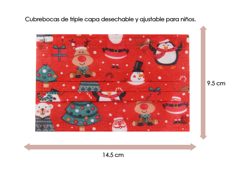 Cubrebocas Navideño Infantil color Rojo con Santa Claus / Monos de Nieve / Renos / Pinos / Pinguinos