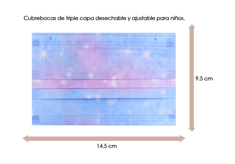 Cubrebocas 3 Capas de Sellado Ultrasonico Plisado Infantil Tie Dye Celeste Pastel Estrellitas