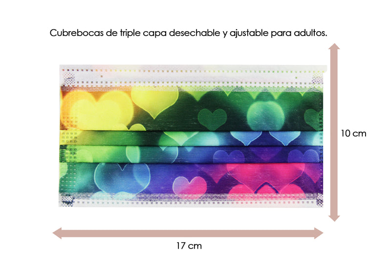 Cubrebocas 3 Capas de Sellado Ultrasonico Plisado Adulto Arcoiris con Corazones 10 Piezas