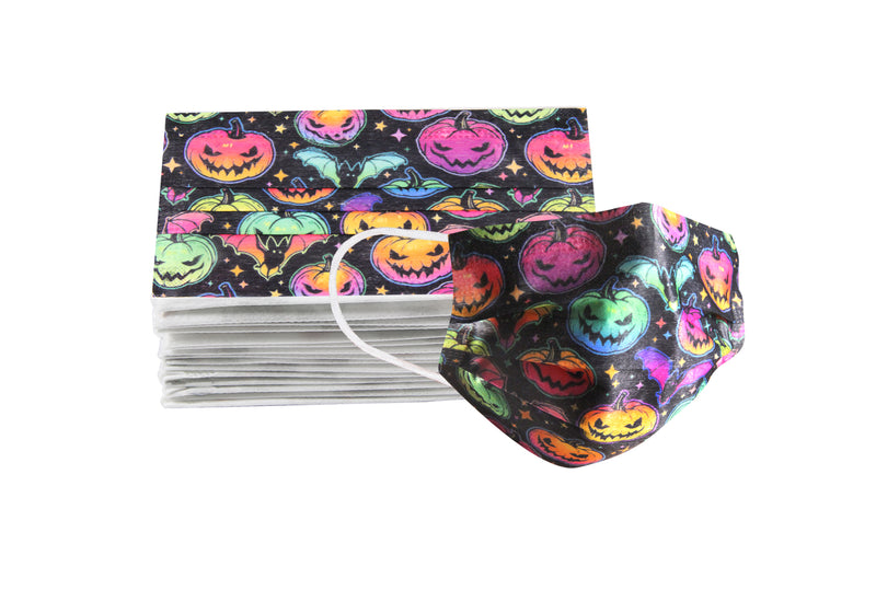 Cubrebocas 3 Capas de Sellado Ultrasonico Plisado Halloween Negro con Calabazas Multicolor fucsia/amarillo/naranja/verde/aqua