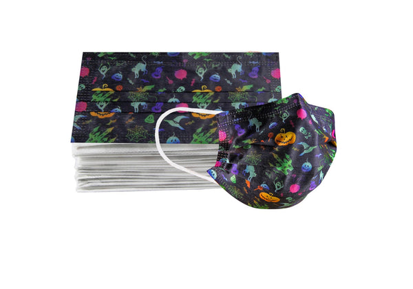 Cubrebocas 3 Capas de Sellado Ultrasonico Plisado Halloween Negro con calabazas / telarañas y gatos verde / celeste y morado 10 Piezas