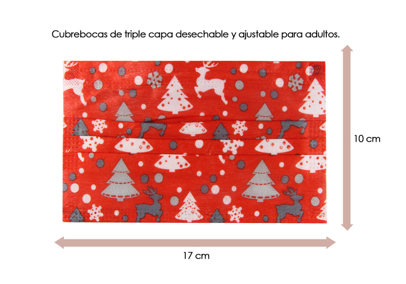 Cubrebocas Navideño color Rojo Pinos / Renos / Copos de Nieve