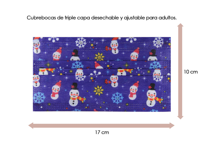 Cubrebocas Navideño color Azul Rey Monos y Copos de Nieve