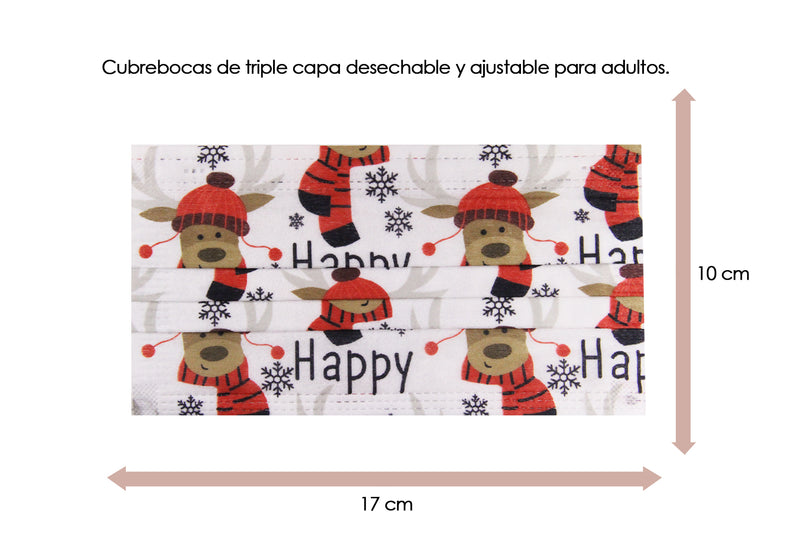 Cubrebocas Navideño color Blanco Reno y Copos de Nieve Happy / Joy