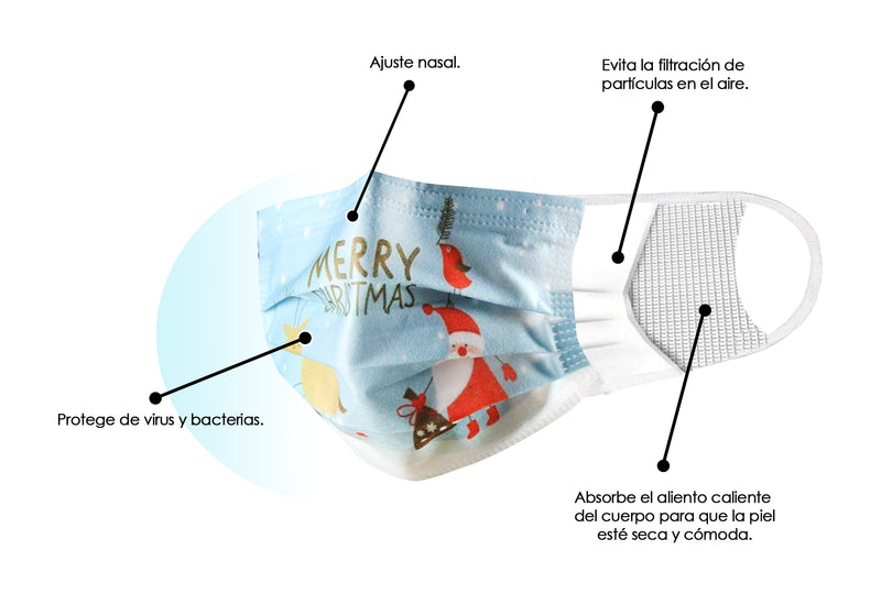 Cubrebocas de Navidad color Celeste con Santa Claus y Reno Merry Christmas