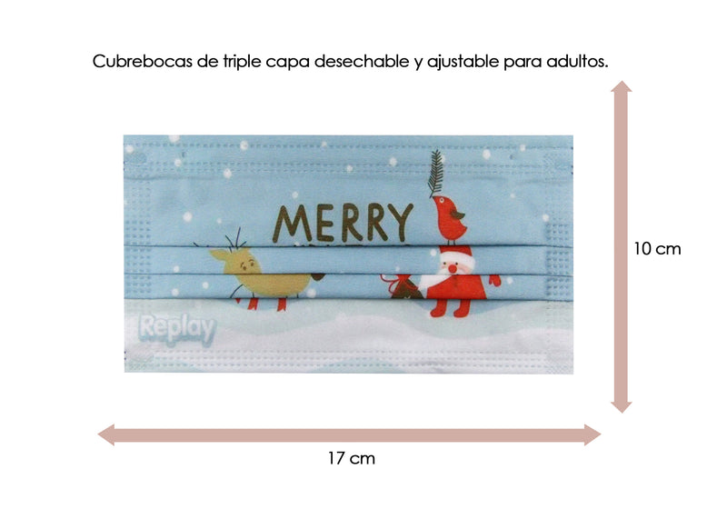 Cubrebocas de Navidad color Celeste con Santa Claus y Reno Merry Christmas