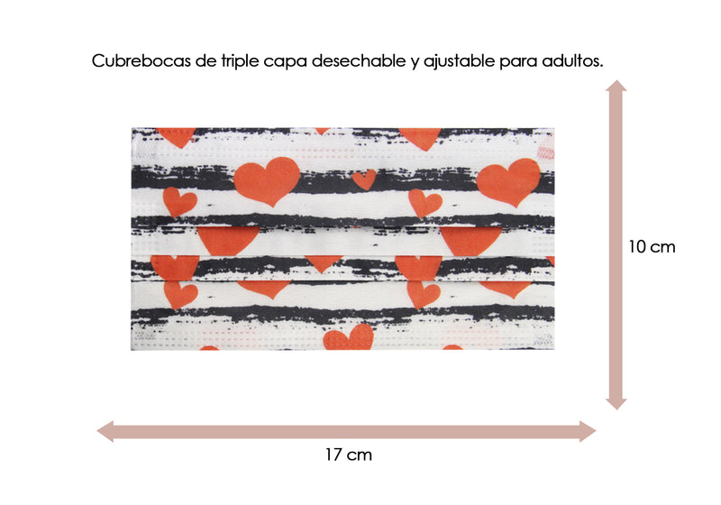 Cubrebocas San Valentín de rayas blanco y negro con corazones rojos