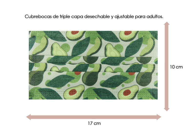 Cubrebocas 3 Capas de Sellado Ultrasonico Plisado Adulto Aguacates con Hojas 10 Piezas