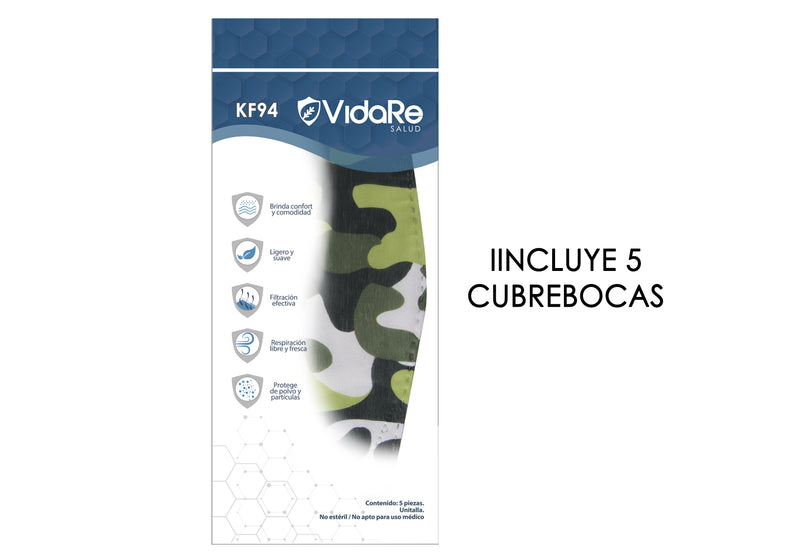 Cubrebocas KF94 de 4 Capas Adulto Estampado Militar color Verde/Verde Claro/Blanco