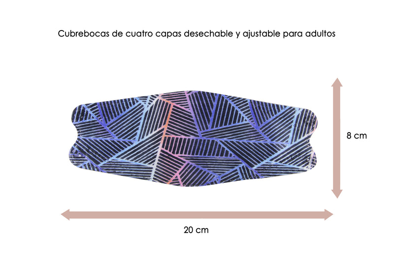 Cubrebocas KF94 de 4 Capas Adulto Estampado Lineas Figuras Negras/Azul con colores Rosa/Morado/Rojo/Celeste