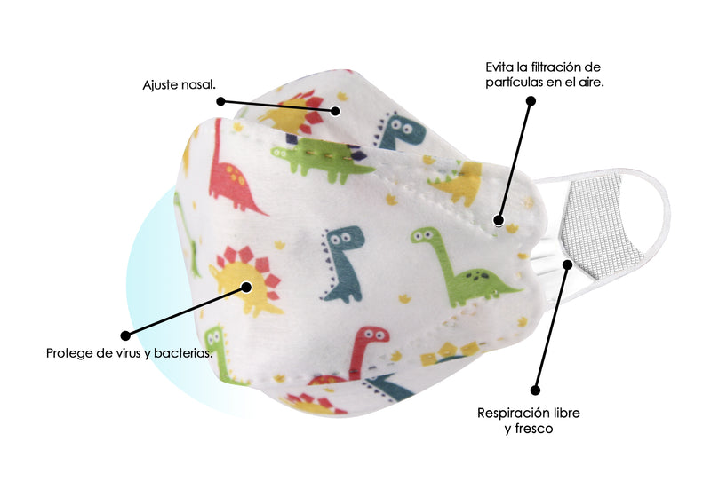 Cubrebocas KF94 de 4 Capas Infantil Color Blanco con Dinosaurios de Colores Verde Oscuro/Verde Limon/Amarillo