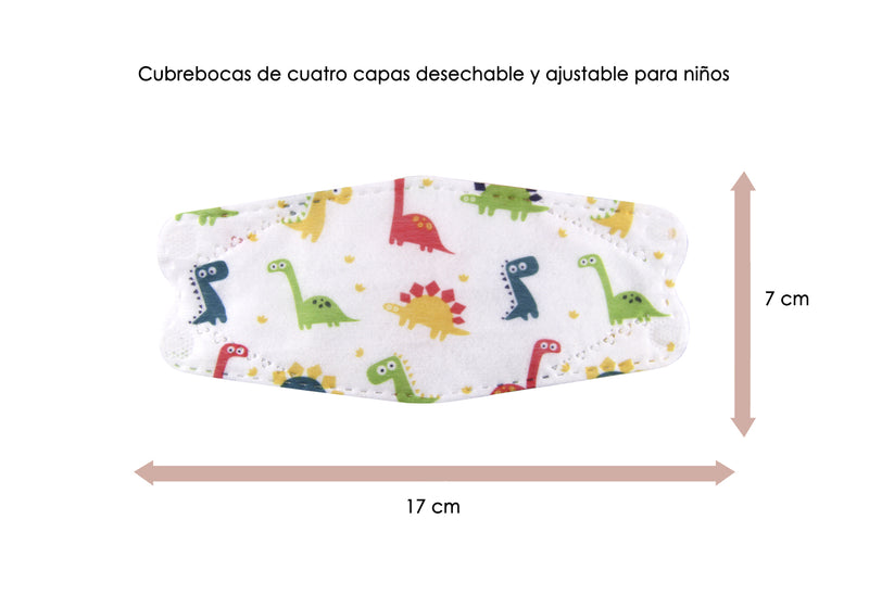 Cubrebocas KF94 de 4 Capas Infantil Color Blanco con Dinosaurios de Colores Verde Oscuro/Verde Limon/Amarillo