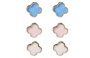 Set Aretes Metal Dorado Claro Trebol Esmaltado Blanco Azul Rosa 12 mm