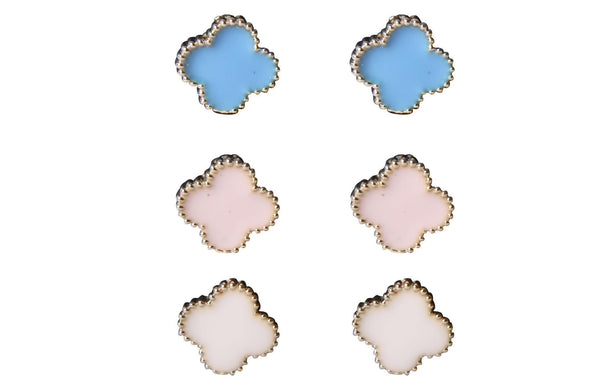 Set Aretes Metal Dorado Claro Trebol Esmaltado Blanco Azul Rosa 12 mm