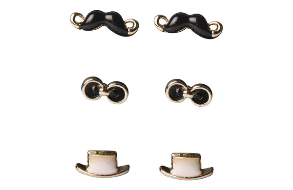 Set Aretes Metal Dorado Bigote Sombrero