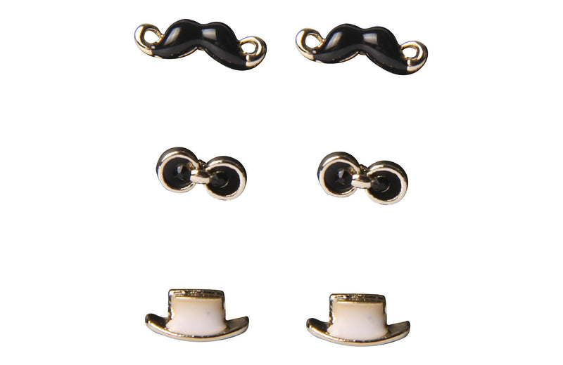 Set Aretes Metal Dorado Bigote Sombrero