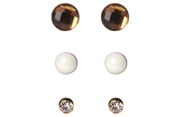 Set Aretes Metal Dorado Redondo Cristal Facetado Cafe