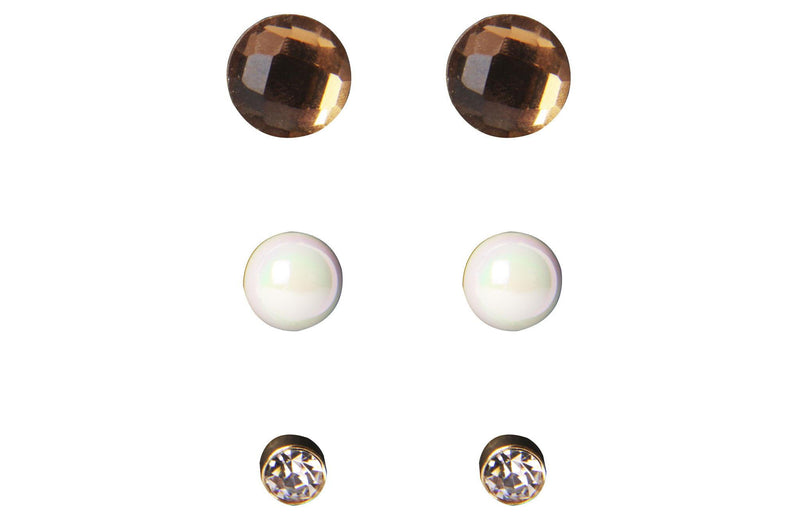 Set Aretes Metal Dorado Redondo Cristal Facetado Cafe